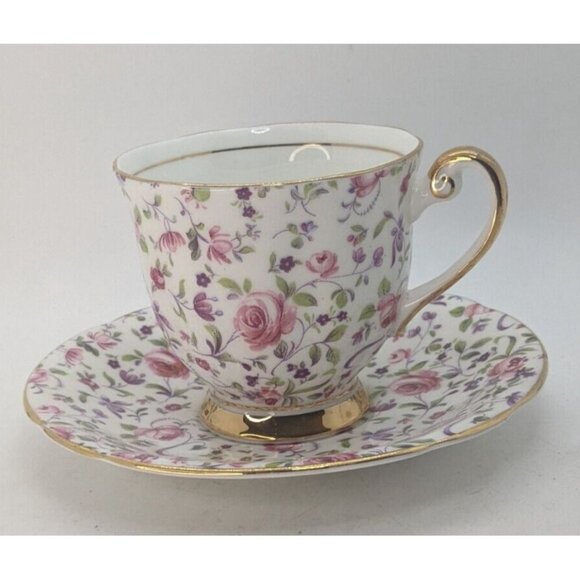 Windsor Chintz Teacup and Saucer Pink Roses Fine Bone China Gold Trim Vintage - Picture 2 of 10